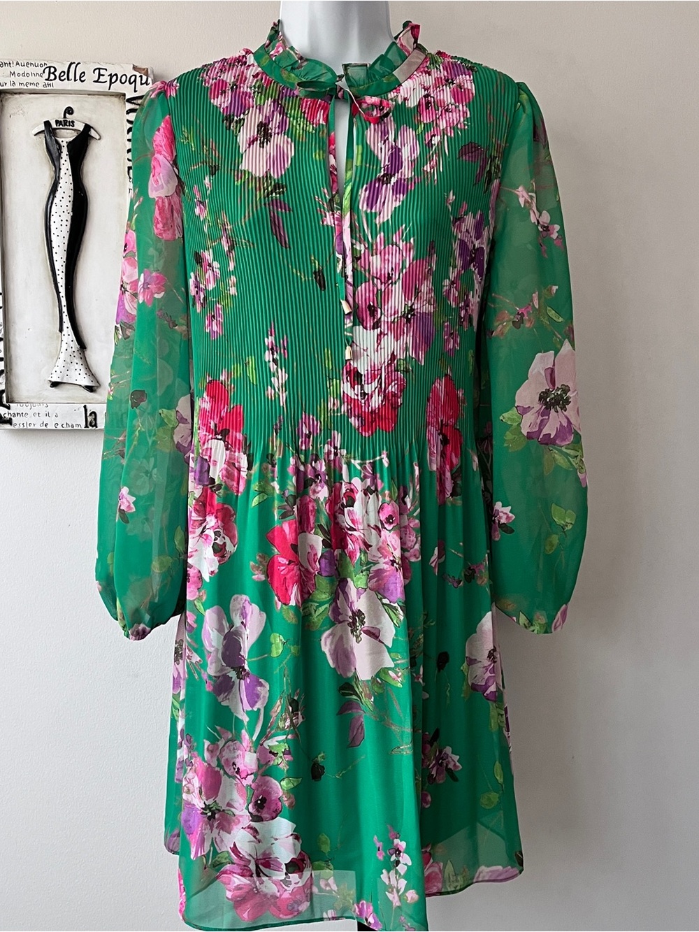 Jessica Howard Green Floral Pleated Chiffon Long-Sleeve Dress Size 12P Petite